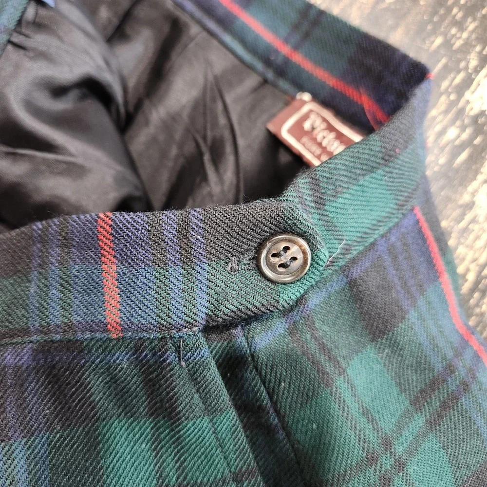 Vintage Wool Green Blue Tartan Plaid Pleated Midi Skirt Waist 25